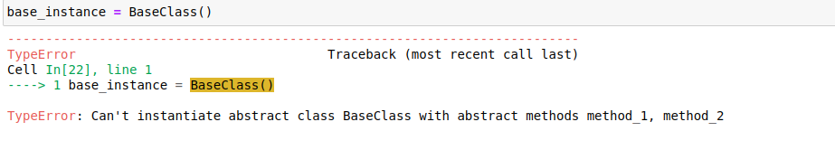 Traceback for instantiating BaseClass with abstractmethod present
